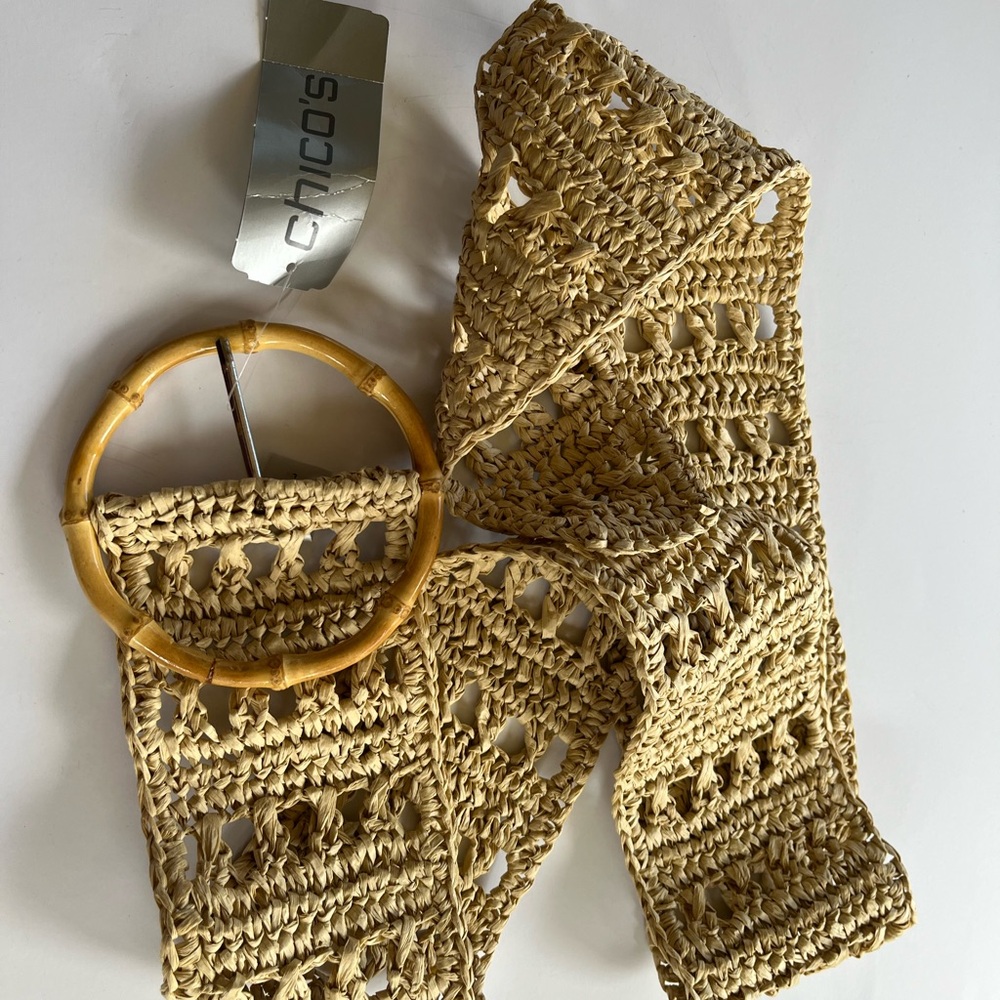 NWT Chicos Boho-Style Natural-Colored Raffia Belt With Bamboo Buckle: Large